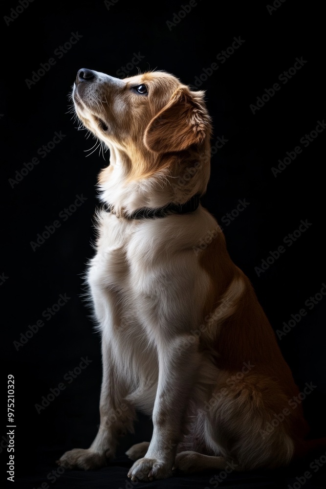 Attentive Golden Retriever Dog Sitting and Looking Up in Darkened Studio Attentive Golden Retriever Dog Sitting and Looking Up in Darkened Studio