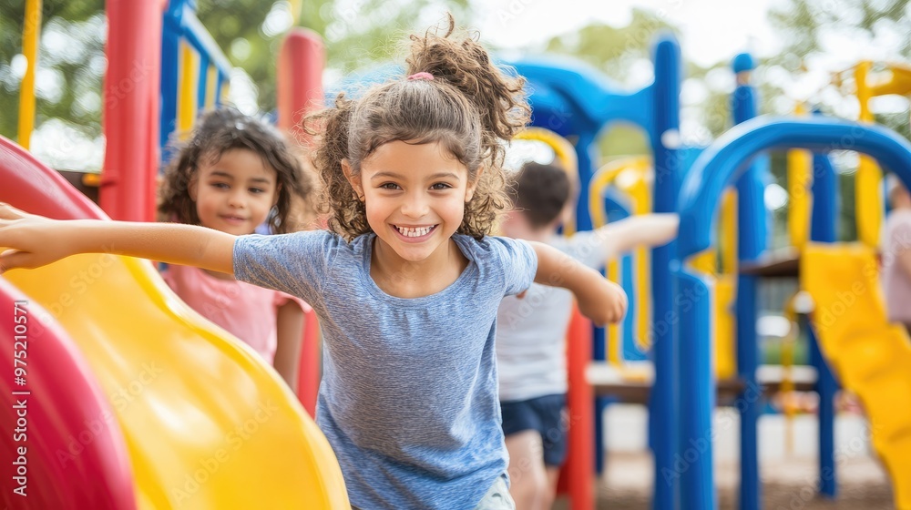 Young children playing joyfully in a bright colorful playground with various equipment Young children playing joyfully in a bright colorful playground with various equipment