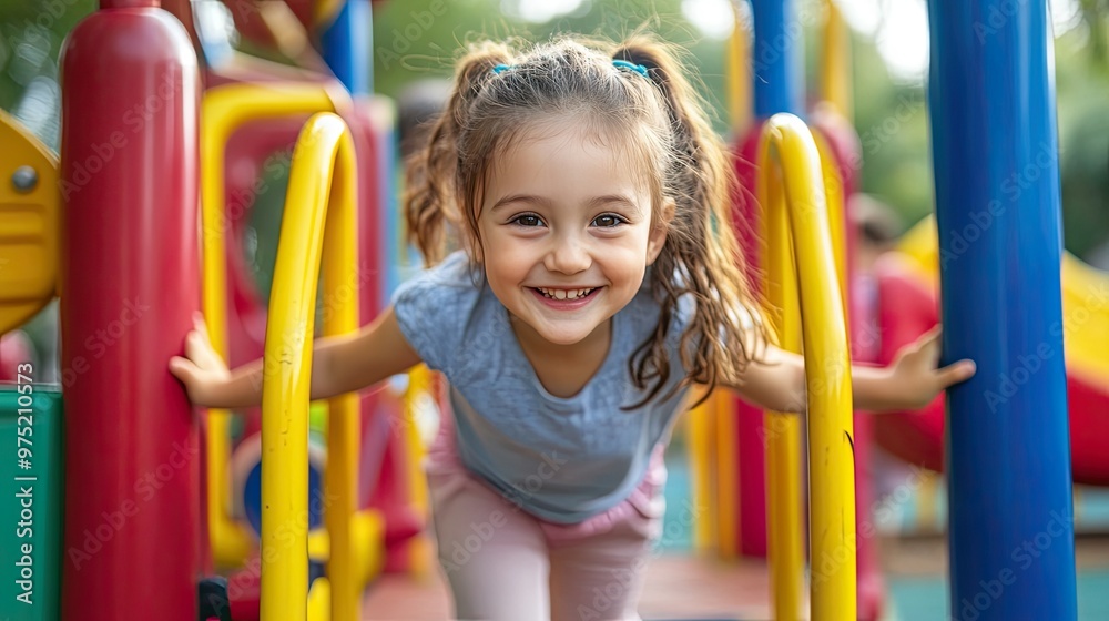 Young children playing joyfully in a bright colorful playground with various equipment Young children playing joyfully in a bright colorful playground with various equipment
