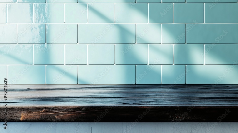 Obraz premium Copy space black wooden countertop, blue wall brick and kitchen decoration minimalist interior
