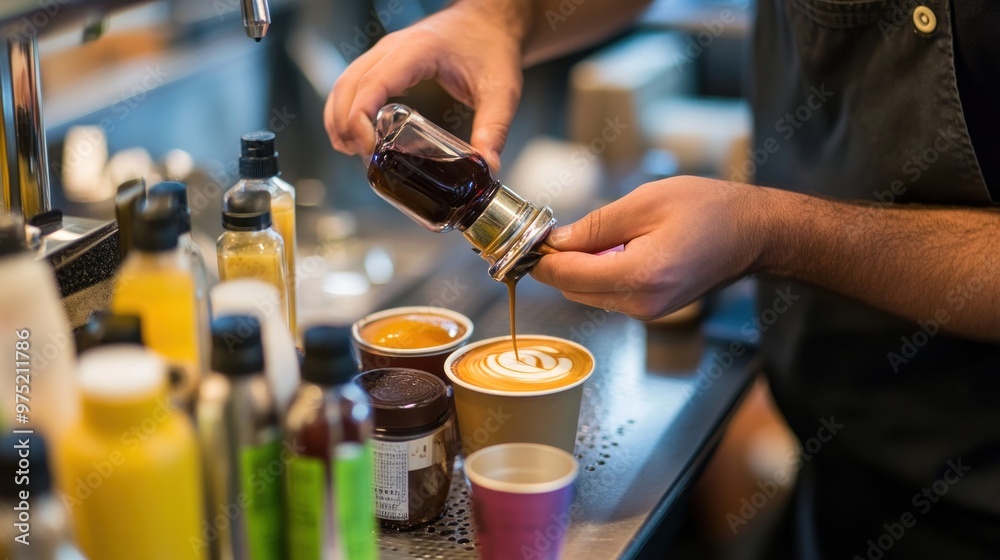 A barista adding flavored syrups to a cup of coffee, with a variety of syrups and sauces on the counter A barista adding flavored syrups to a cup of coffee, with a variety of syrups and sauces on the counter