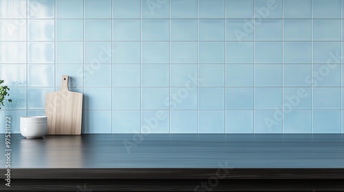 Copy space black wooden countertop, blue wall brick and kitchen decoration minimalist interior