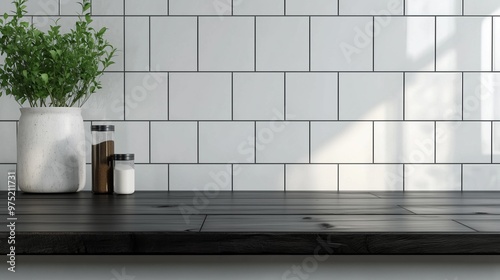 Copy space black wooden countertop, white wall brick and kitchen decoration minimalist interior photo