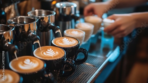 A barista preparing a variety of coffee drinks, with espresso, lattes, and cappuccinos lined up on the counter