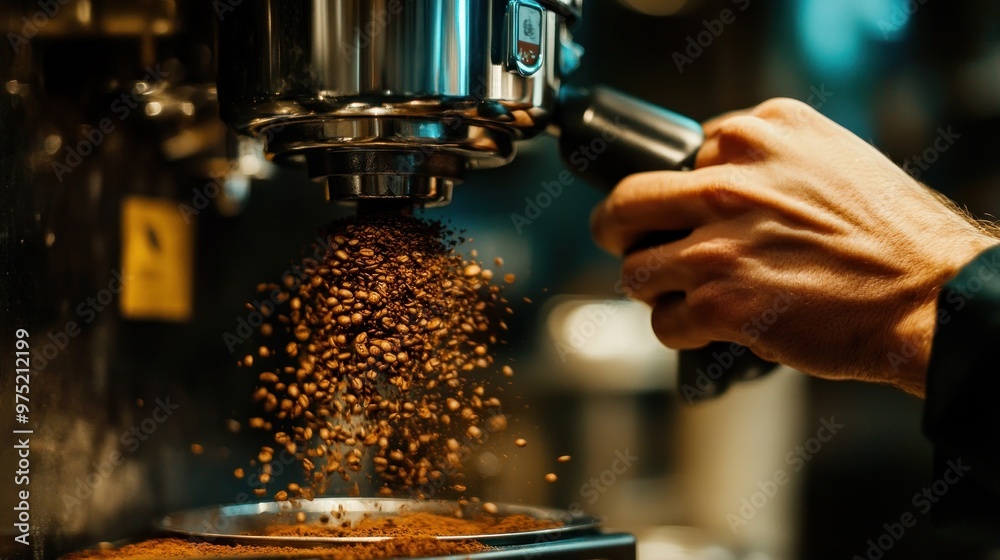 Close-up image of hand Barista controls coffee grinder with freshly ground coffee falling into the container Close-up image of hand Barista controls coffee grinder with freshly ground coffee falling into the container