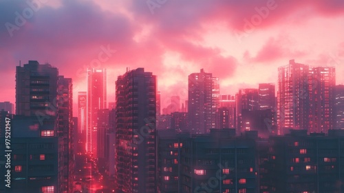 A cityscape shot highlighting brutalist architecture, with blocky, concrete buildings against a backdrop of a vibrant, neon-lit sky