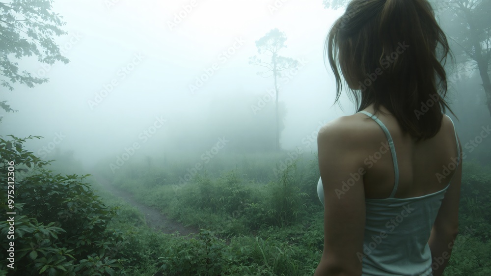adventurer woman at misty morning in the forest adventurer woman at misty morning in the forest