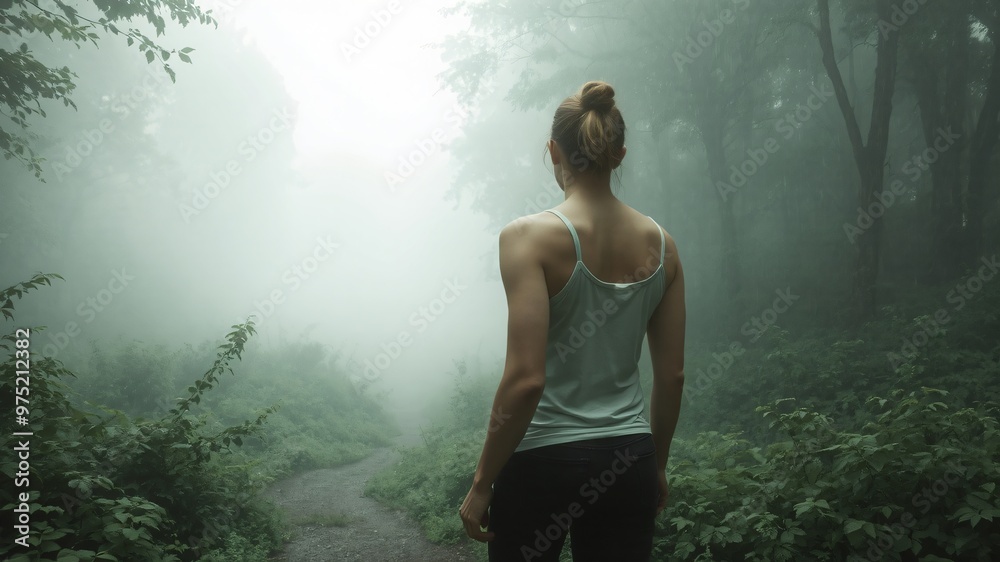 adventurer woman at misty morning in the forest adventurer woman at misty morning in the forest