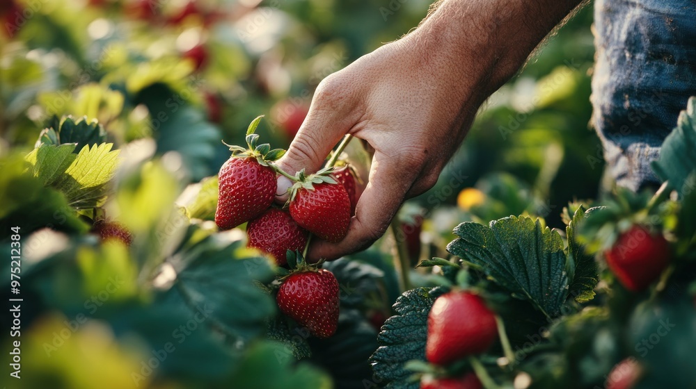 A close-up of a farmer hand picking fresh strawberries, with the red fruit contrasting against the green leaves A close-up of a farmer hand picking fresh strawberries, with the red fruit contrasting against the green leaves