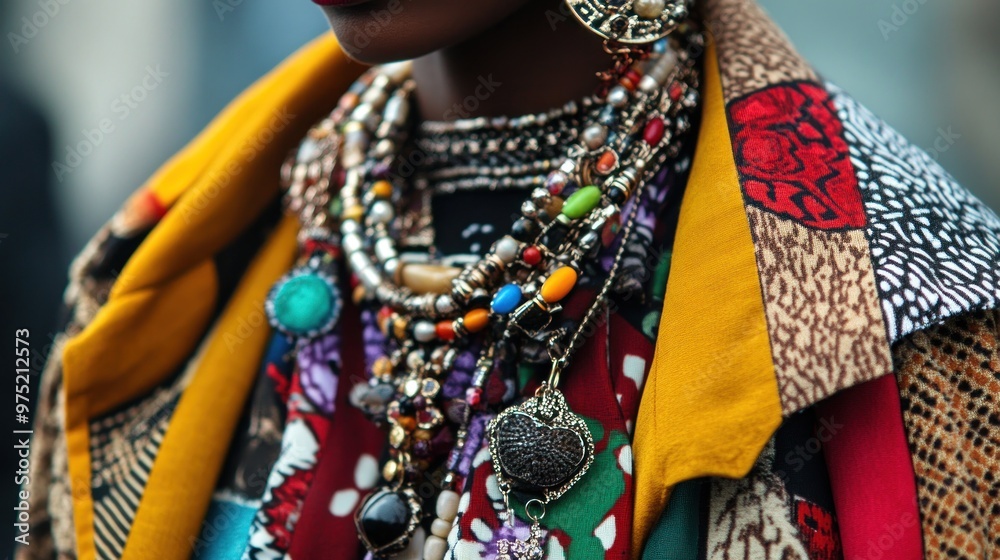 A close-up of a maximalist fashion ensemble, showcasing layers of contrasting fabrics, oversized jewelry, and a bold mix of colors and prints A close-up of a maximalist fashion ensemble, showcasing layers of contrasting fabrics, oversized jewelry, and a bold mix of colors and prints