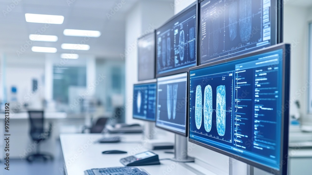 A comprehensive electronic health record system displayed on multiple screens in a modern medical office, showing patient information A comprehensive electronic health record system displayed on multiple screens in a modern medical office, showing patient information