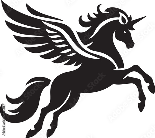 Black silhouette of jumping Pegasus vector, unicorn, flying pegasus vector silhouette, winged horse icon,