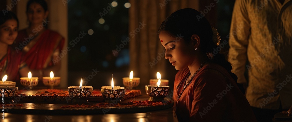 Diwali Lights Aglow: Clay diyas illuminate a sacred space, casting warm, flickering light on ornate details, celebrating the triumph of light over darkness Diwali Lights Aglow: Clay diyas illuminate a sacred space, casting warm, flickering light on ornate details, celebrating the triumph of light over darkness