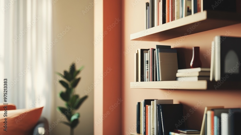 Slim bookshelf with floating shelves mounted against a neutral-colored wall in a tiny apartment Slim bookshelf with floating shelves mounted against a neutral-colored wall in a tiny apartment