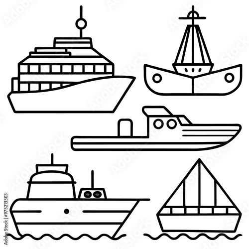 water transports set outline coloring book page line art drawing