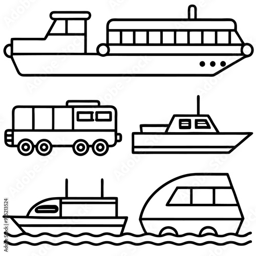 water transports set outline coloring book page line art drawing