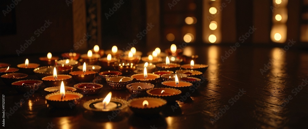 Diwali Lights Aglow: Clay diyas illuminate a sacred space, casting warm, flickering light on ornate details, celebrating the triumph of light over darkness Diwali Lights Aglow: Clay diyas illuminate a sacred space, casting warm, flickering light on ornate details, celebrating the triumph of light over darkness