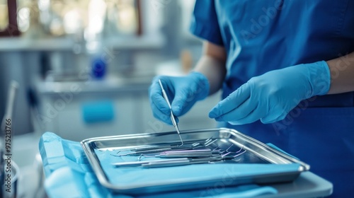 Detailed view of dental hygienist's hands preparing dental instruments on clean tray in modern dental clinic.