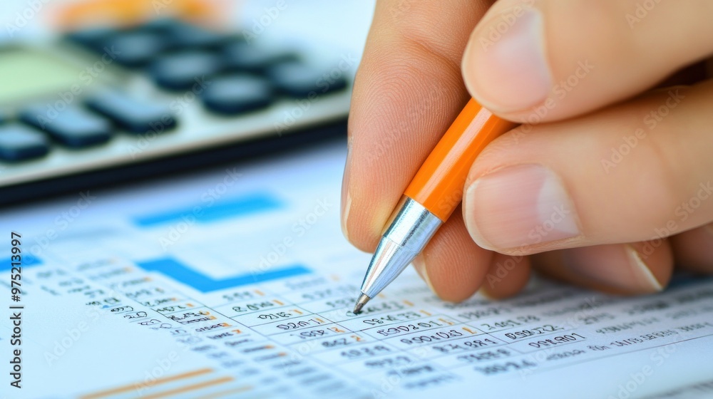 A detailed view of an accountant's hands adjusting numbers in a budget report to ensure everything is balanced. A detailed view of an accountant's hands adjusting numbers in a budget report to ensure everything is balanced.