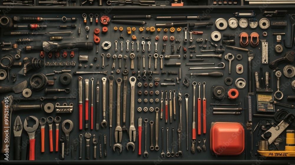 Detailed view of an engineer's toolkit, neatly organized with wrenches, screwdrivers and precision tools. Detailed view of an engineer's toolkit, neatly organized with wrenches, screwdrivers and precision tools.