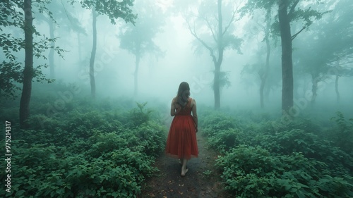 women with dress at misty morning in the forest