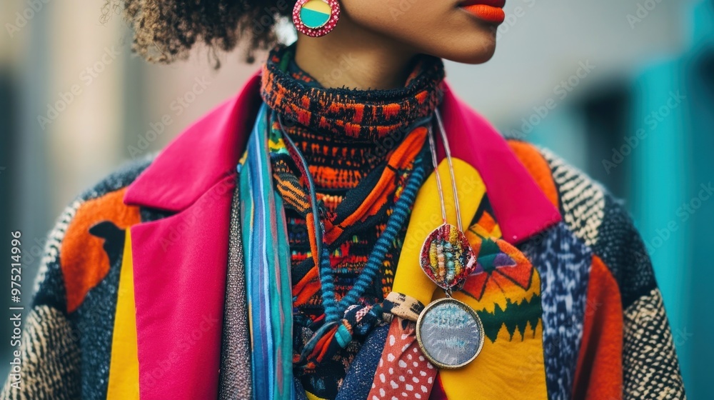 Obraz premium A fashion-forward individual wearing a mix of bold, contrasting patterns, vibrant accessories, and an eclectic blend of textures, all in one outfit