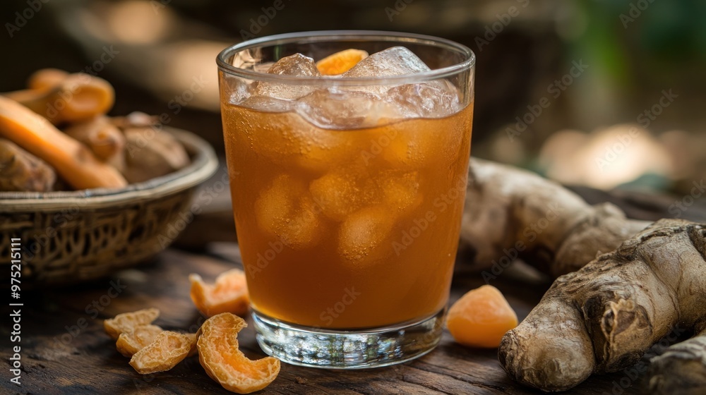 A glass of amber-colored cold tamarind juice with ice and tamarind pieces, placed on a table at a folk festival