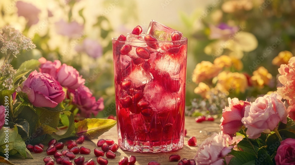 A glass of red cold pomegranate juice with ice and pomegranate pieces Placed on a table in a flower garden