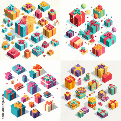  set of four different colored boxes with a variety of shapes and sizes. The boxes are all different colors and sizes, and they are arranged in a way that creates a sense of depth and dimension