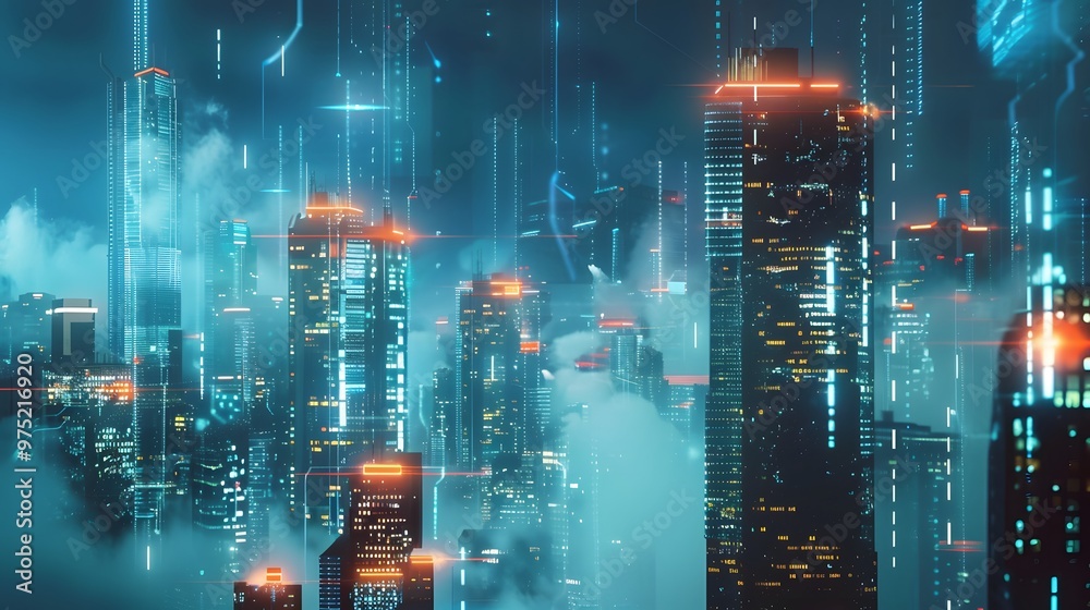Fototapeta premium A cityscape with a large cloud in the sky. The city is lit up with neon lights and the sky is filled with clouds