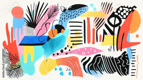 Wallpaper Mural A playful composition of handmade doodles and illustrations on a piece of paper, with a mix of bold lines, creative shapes, and vibrant colors Torontodigital.ca