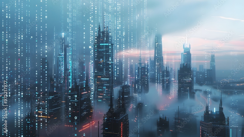 Fototapeta premium Futuristic cityscape with skyscrapers interlinked by streams of digital cloud data