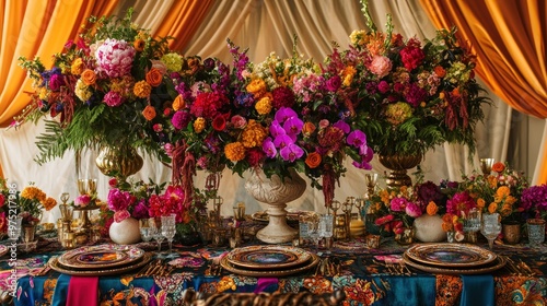 A vibrant wedding scene with an abundance of flowers, colorful drapery, intricate table settings, and a mix of bold patterns and textures throughout the decor