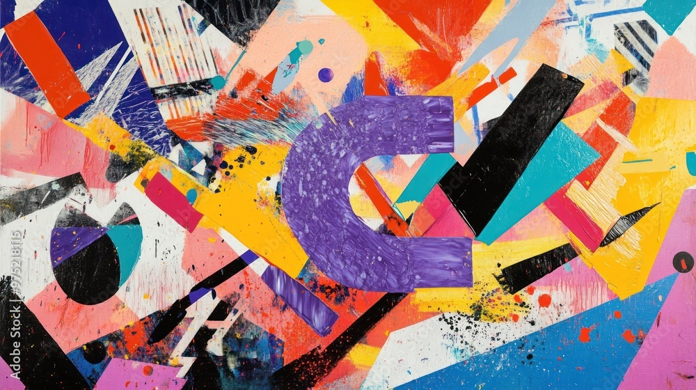 Fototapeta premium An abstract painting with thick, uneven brushstrokes, bold colors, and geometric forms creating a sense of controlled chaos