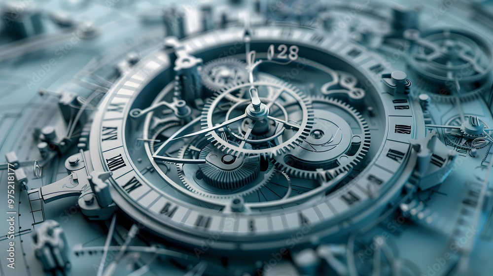Fototapeta premium A blue and silver clock with many gears and numbers. The clock is surrounded by a blue circle