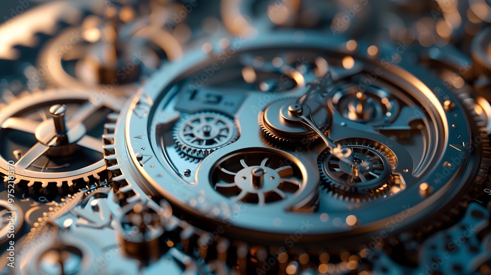 A close up of a clock with many gears. The clock is made of metal and has a vintage look. The gears are all different sizes and are arranged in a circular pattern A close up of a clock with many gears. The clock is made of metal and has a vintage look. The gears are all different sizes and are arranged in a circular pattern
