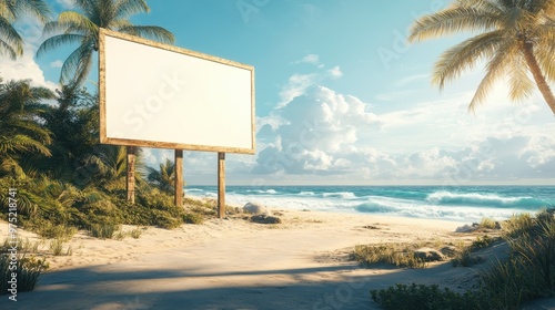 10. A photorealistic blank billboard by a beachside promenade, with detailed textures of the sand, ocean waves, and palm trees, set against a bright, sunny sky, perfect for summer-themed photo