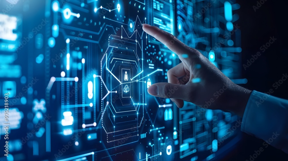A man is pointing at a computer monitor displaying a variety of graphs and charts. Concept of focus and concentration as the man interacts with the data on the screen A man is pointing at a computer monitor displaying a variety of graphs and charts. Concept of focus and concentration as the man interacts with the data on the screen