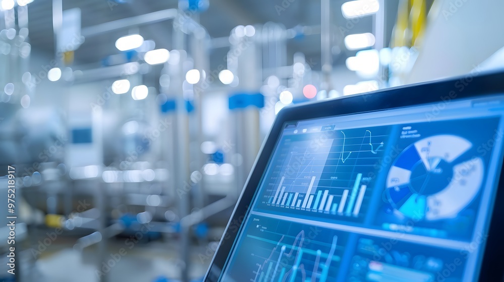 A computer monitor displays a factory floor with a blue and white logo on the screen A computer monitor displays a factory floor with a blue and white logo on the screen