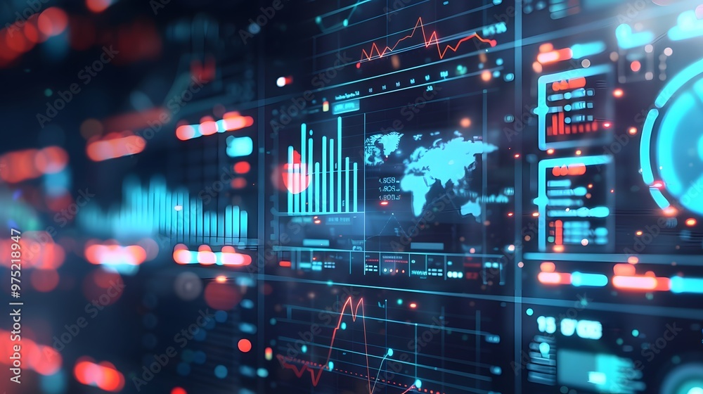 A computer screen displays a number of graphs and charts, including one that shows a world map. Concept of technology and data analysis, with the various graphs A computer screen displays a number of graphs and charts, including one that shows a world map. Concept of technology and data analysis, with the various graphs