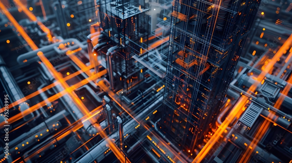A cityscape with many pipes and wires, with a lot of orange and black colors. The image has a futuristic and industrial feel to it A cityscape with many pipes and wires, with a lot of orange and black colors. The image has a futuristic and industrial feel to it