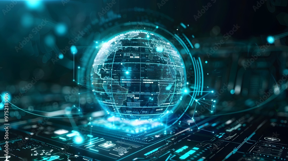 A blue globe with a green background. The globe is surrounded by a blue circle. The image has a futuristic feel to it A blue globe with a green background. The globe is surrounded by a blue circle. The image has a futuristic feel to it