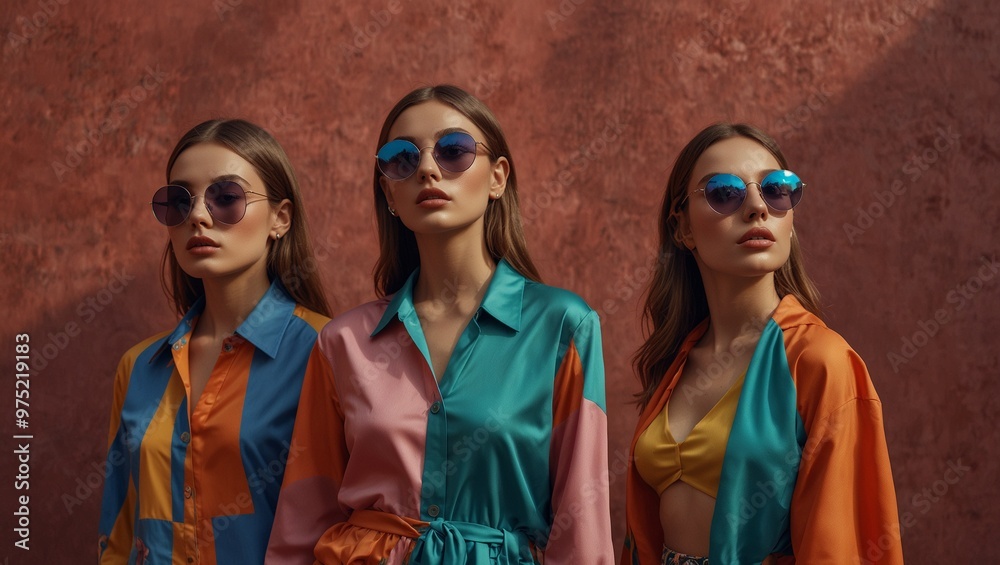 Stylish women in vibrant outfits pose against artistic backdrop