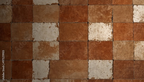 A rustic wall with alternating rows of weathered bricks and red stones photo