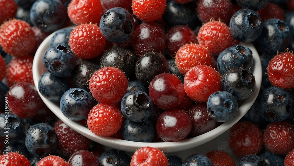 A bowl of fresh red and blue berries, juicy and glistening. A bowl of fresh red and blue berries, juicy and glistening.