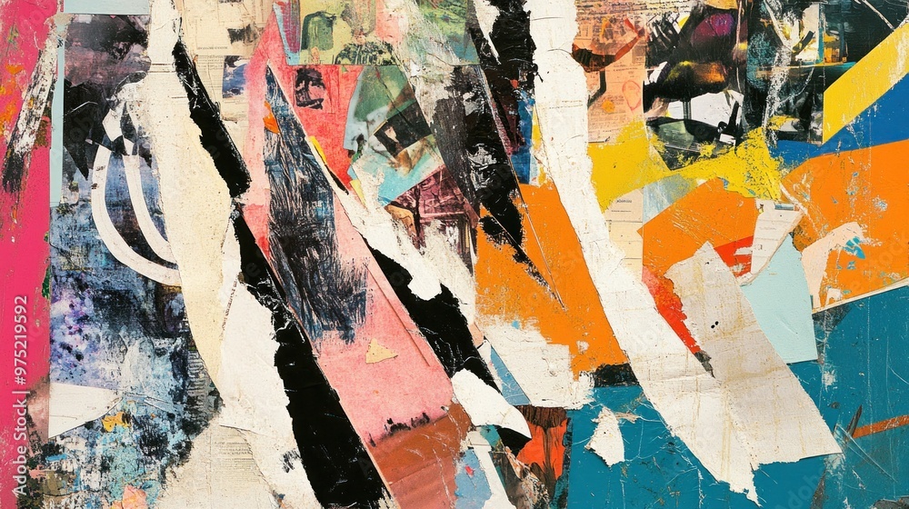 Fototapeta premium Dynamic collage featuring torn magazine pages, abstract paint strokes, and playful illustrations, creating a sense of movement