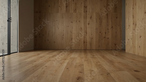 Minimalistic empty room interior with wooden flooring and wall panels.