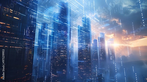 A cityscape with many buildings and lights. The city is lit up at night, giving it a vibrant and lively atmosphere. The buildings are tall and spread out, creating a sense of depth and scale