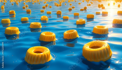 Vibrant rubber rings floating on a serene lake, bright yellow contrasting with deep blue water under the noon sun, capturing a whimsical animated scene in technicolor illustration photo