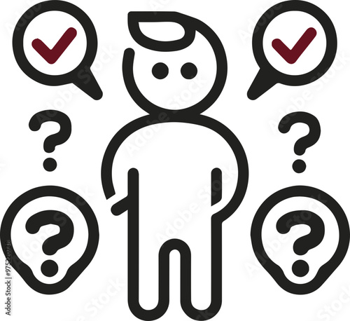 Illustration of a person and check icon symbolizing questions, answers, and decision making